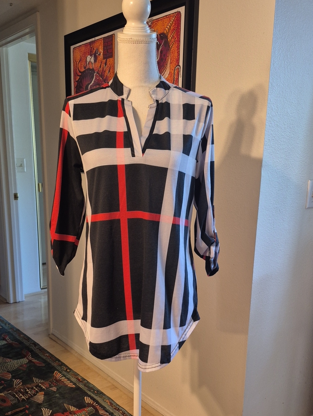 St. Jubileens Long Rollup Sleeve Vneck Plaid Black Gray Red Shirt